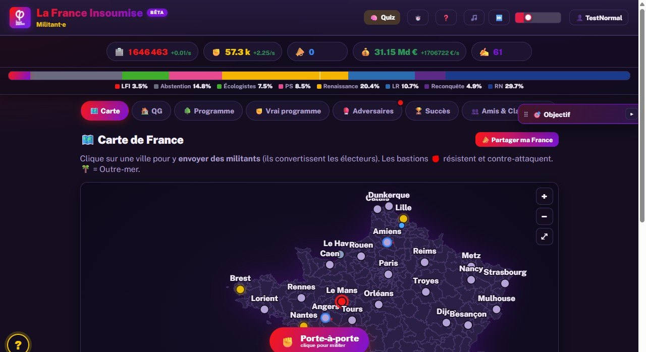 Capture du Jeu LFI : la carte de France avec les villes à conquérir, les ressources et le classement